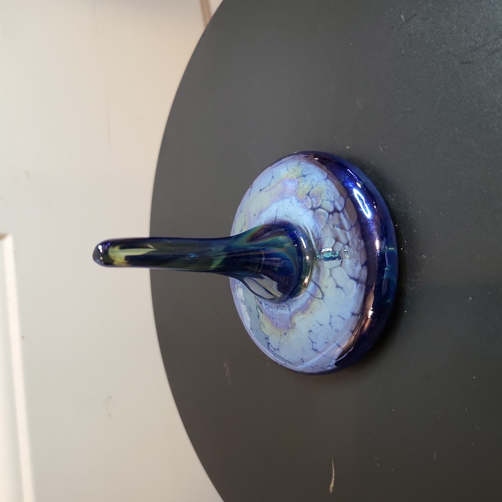 Blue Iridescent Art Glass Signed Ring Holder Hand Blown 3" - Picture 1 of 7